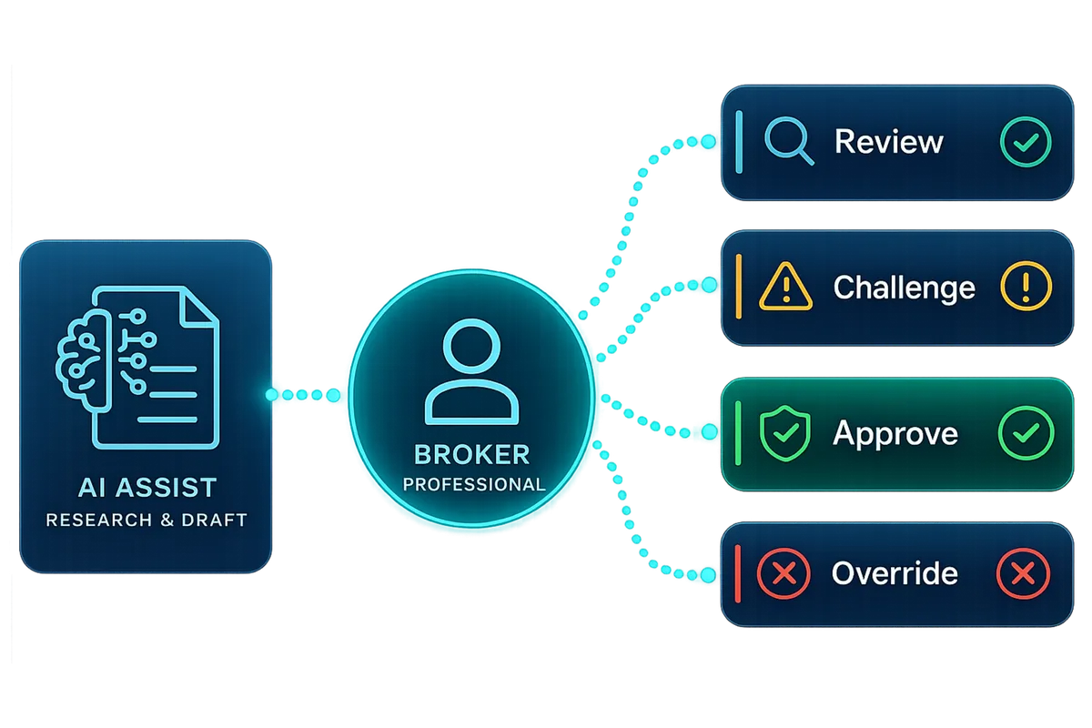 AI drafts a classification, the broker reviews, then chooses to challenge, approve, or override before it is final