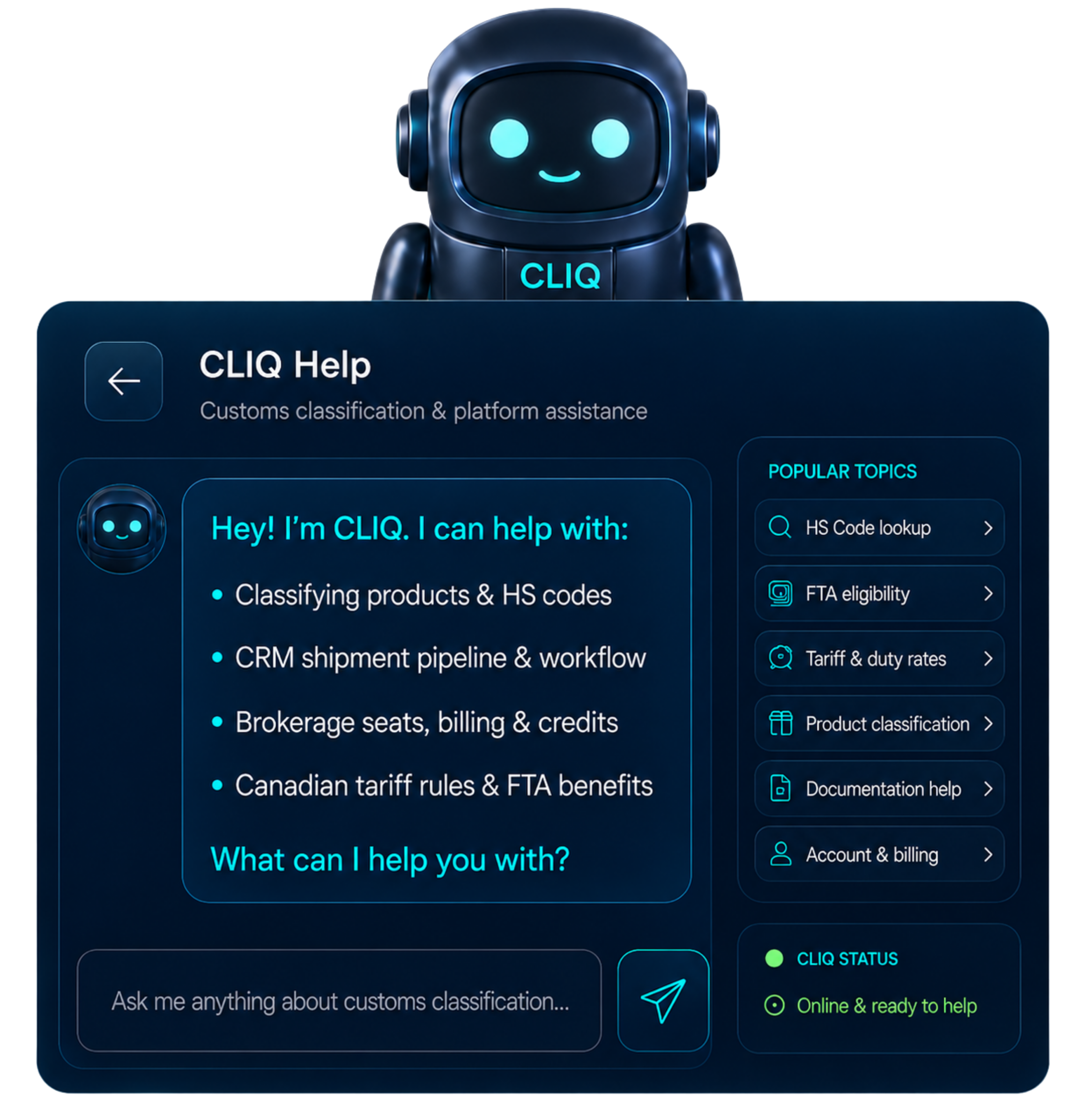 CLIQ consultant and client communication assistant drafting client questions and answering customs queries