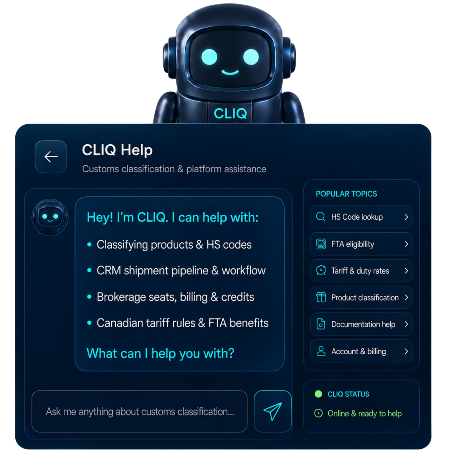 CLIQ consultant and client communication assistant drafting client questions and answering customs queries
