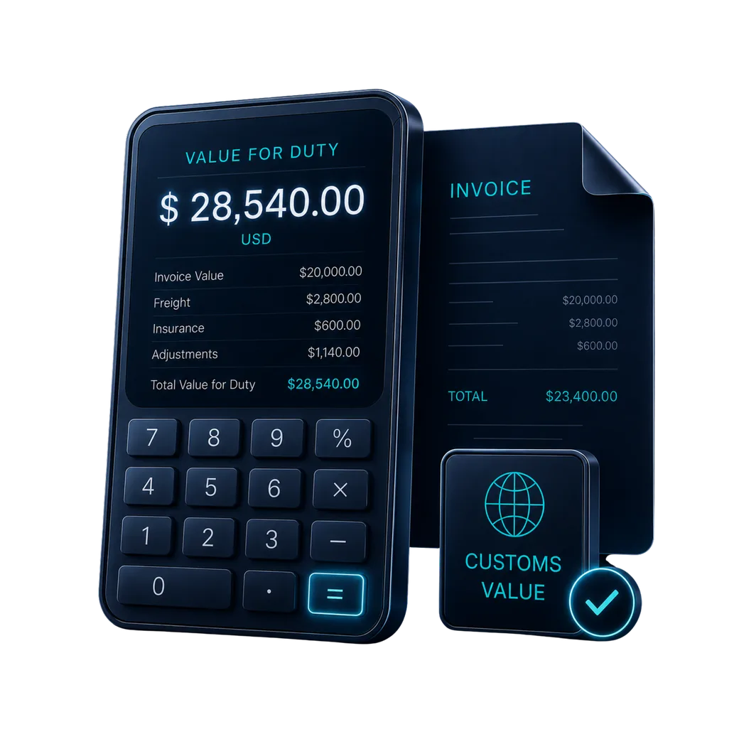CLIQ duty calculator showing duty, taxes, and total landed cost for a classification line