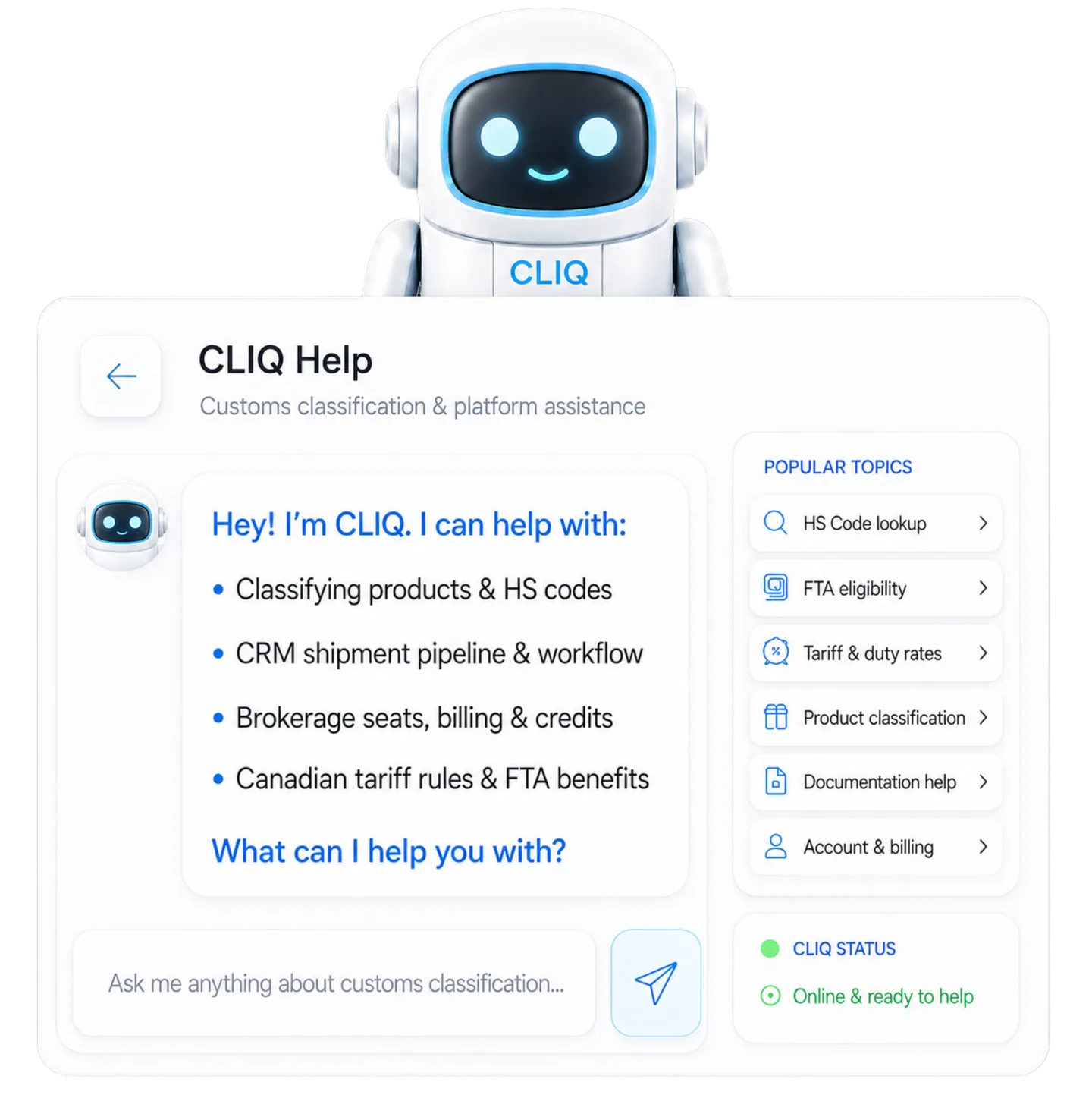 CLIQ consultant and client communication assistant drafting client questions and answering customs queries